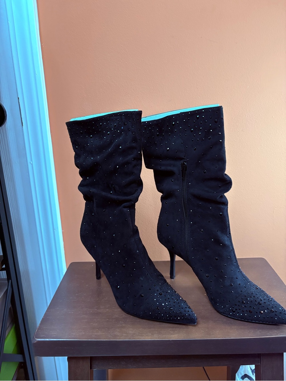 Thalia Sodi Black Studded Pointed-Toe Slouchy Mid-Calf Heeled Boots